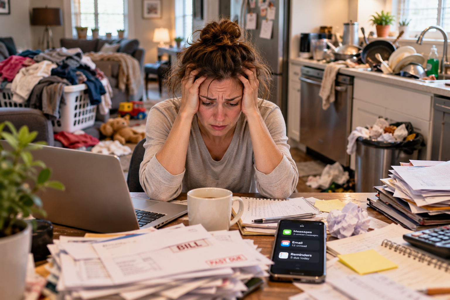 A woman feeling paralyzed by overwhelm amid piled laundry, dirty dishes, bills, messages, and everyday clutter